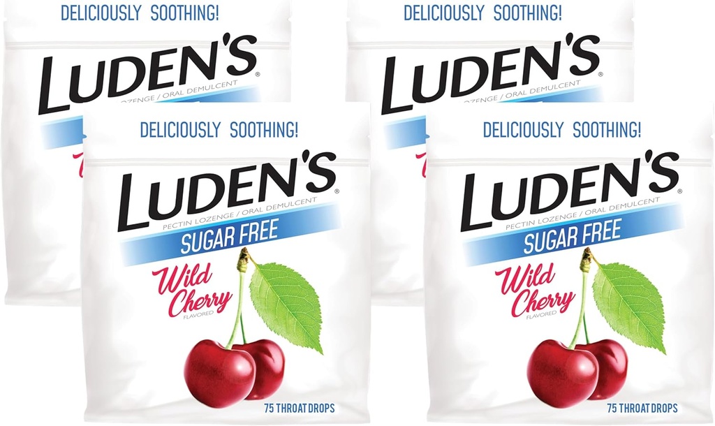 Ludens Les gouttes de gorge endolorie, pour le soulagement de la gorge endolorie mineure, cerise sauvage sans sucre, 75 comtes (paquet de 4)
