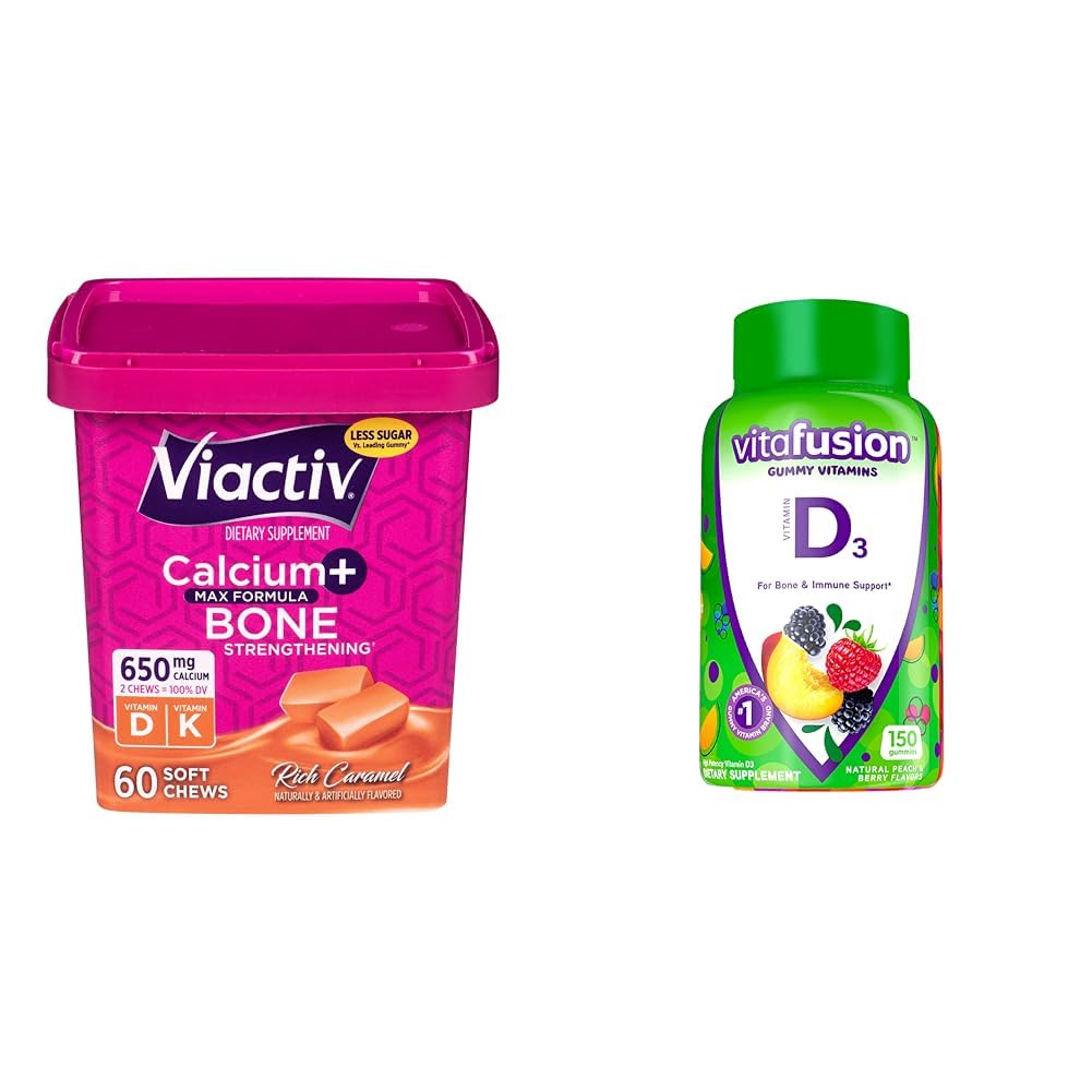Viactiv Kalzium +Vitamin D3 Ergänzung Weiche Kauen, Karamel, 60 Kauen - Kalzium Nahrungsergänzung & Vitafusion Vitamin D3 Gummy Vitamine für Knochen und Immunsystem Unterstützung, Peach, Blackberry