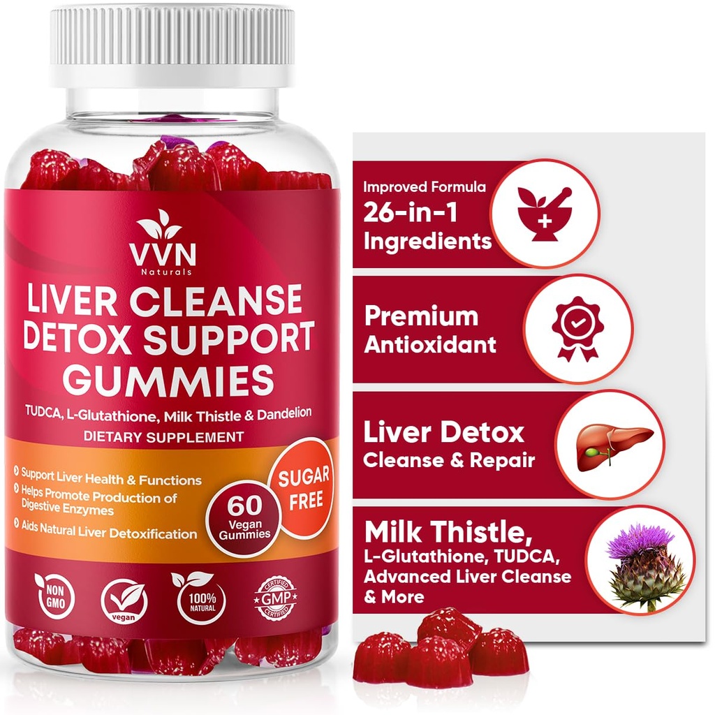 VVNaturals Sugar-Free 26-in-1 Liver Cleanse Detox & Repair Fatty Liver Formula Gummies; 3000mg Mischung aus Glutathione, Silymarin Milk Thistle, Choline, TUDCA | Liver Detox Gummies - 60 Vegan Ct