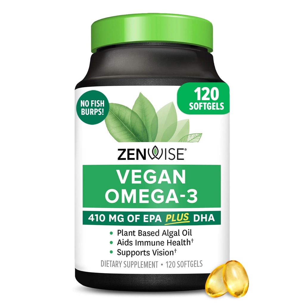Zenwise Santé Vegan Omega 3 Supplément - Omega 3 sans Burpless avec DHA, EPA et DPA Acides gras pour la santé immunitaire - Huile de poisson Alternative de l'huile d'algue marine d'origine durable - 120 Softgels