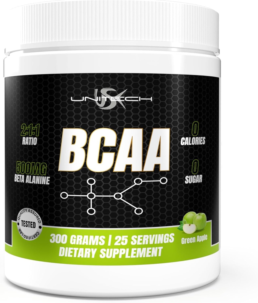 Unitech USK BCAA | Workout Supplement für Muskelrückgewinnung, Endurance Support & Nährstoffaufnahme | Reich an Vitamin C, B6, Valine, Leucine & Isoleucine | Grüner Apfelgeschmack, 300g