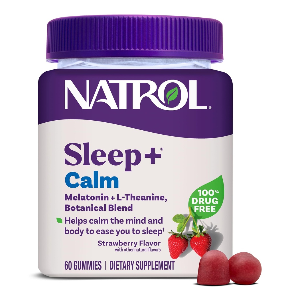 Natrol Sleep+ Calme Mélatonine Gummies pour adultes, Gummies de sommeil, Flaveur de fraises, 60 Gummies, 30 jours d'approvisionnement