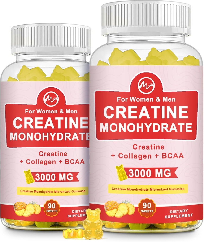 (2 Pack) Creatine Monohydrate Gummy, Zucker Kostenlose Kaubare Creatine Ergänzungen für Männer & Frauen, Creatine Gummy Gains für Gebäude Muskel, Energie, Pre Workout, Ananas Flavored
