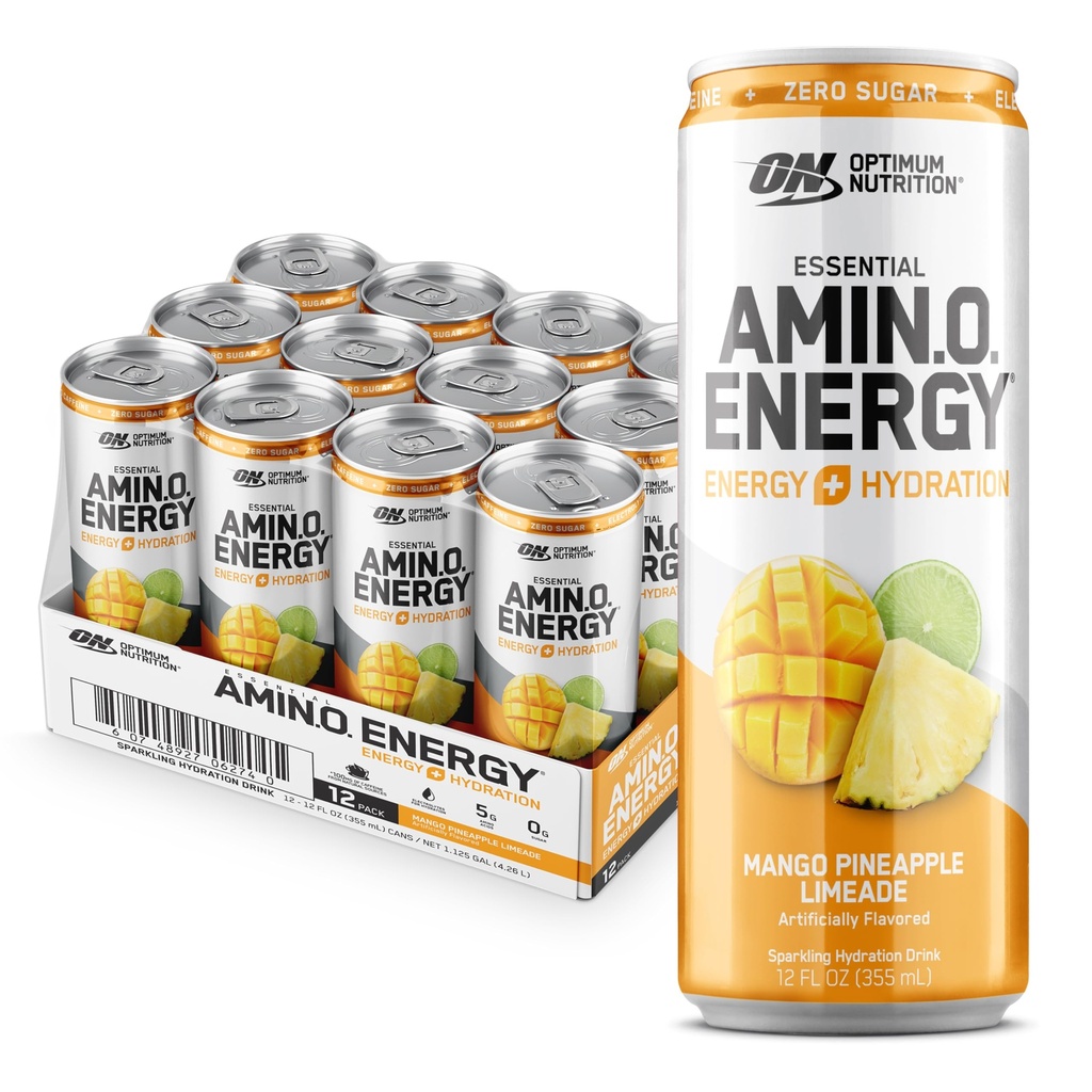 Optimum Nutrition Amino énergie Sparkling boisson d'hydratation, électrolytes, caféine, acides aminés, BCAAs, sans sucre, mangue ananas Limeade, 12 Fl Oz, 12 pack (emballage mai Vary)