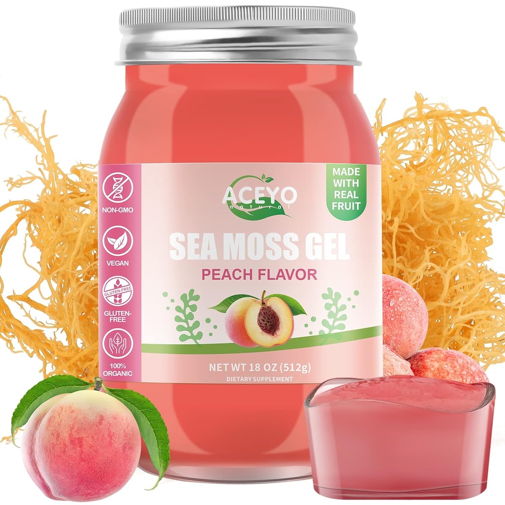 ACEYO (18 OZ) Irish Sea Moss Gel Organic Raw Vegan Peach Flavor 102 Vitamine und Mineralien Wild Harvested Non-GMO Immune Defense Booster Schilddrüse Verdauungsunterstützung