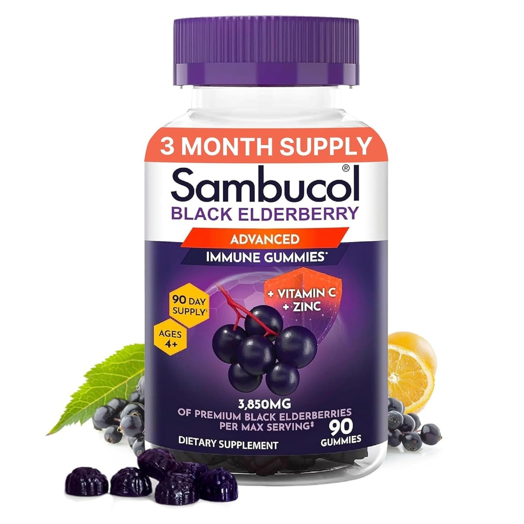 Sambucol Elderberry Gummies für Erwachsene mit Vitamin C; Zink; Sambucus Elderberry Gummies für Immununterstützung mit hohen Antioxidantien; Glutenfrei; Vegan; 1 Gummy Per Serving; 90 Count (90 Tage Versorgung)