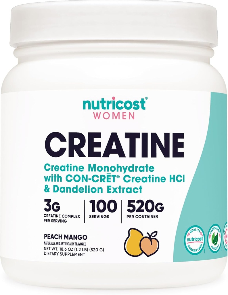 Nutricost Poudre monohydratée de créatine pour femmes, micronisée, mangue de pêche, 100 portions - végétarien, non-OGM, sans gluten