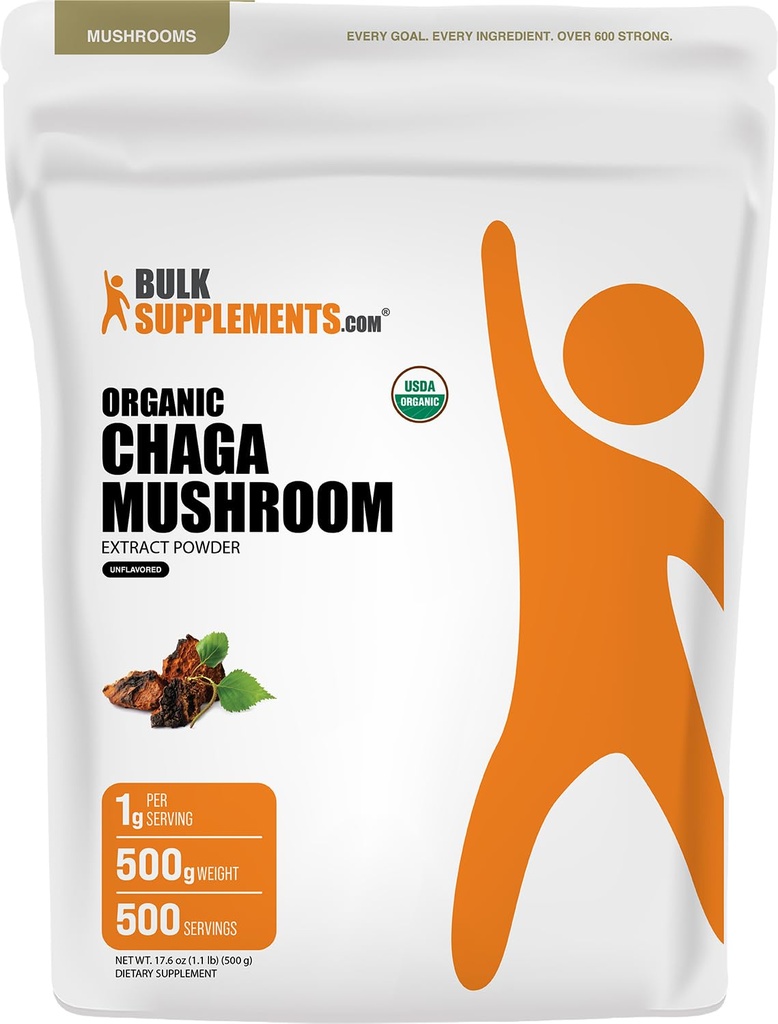 BulkSupplements.com Bio Chaga Pilzextrakt Pulver - Bio Chaga Pulver, Pilzergänzung - Glutenfrei, 1g pro Servierung, 500g (1.1 lbs) (Pack von 1)