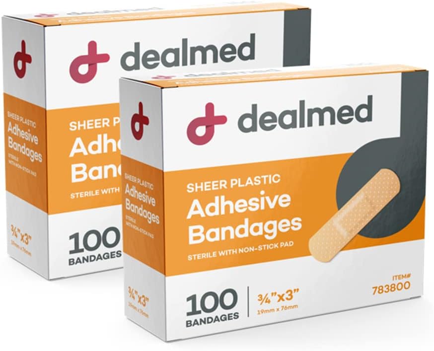 Dealmed Sheer Plastic Flexible Adhesive Bandagen – 100 Count (2 Pack) Bandagen mit Non-Stick Pad, Latexfrei, Wund Care für First Aid Kit, 3" x 3/4"