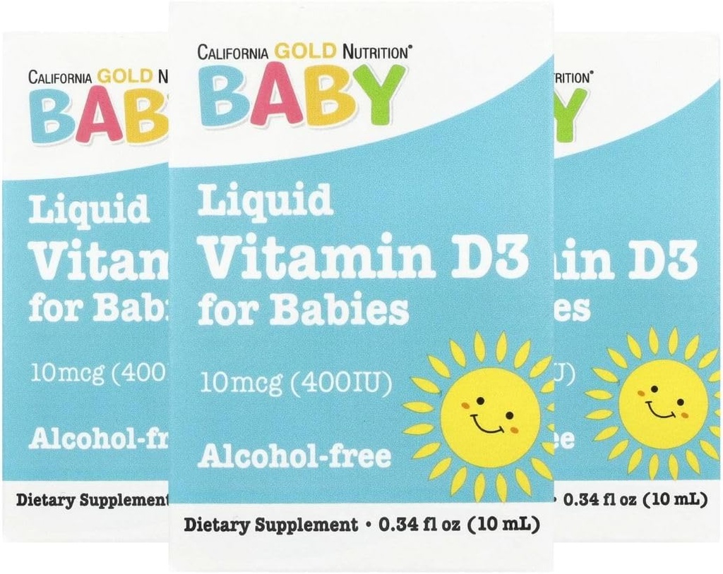 California Gold Nutrition Baby Vitamin D3 - Flüssige D3 Ergänzung für Babys, Vegetarisch Freundlich - Entwicklungsunterstützung - Alkohol & Glutenfrei, Non-GMO - 10 mcg (400 IU) - 0.34 fl oz (10 ml), 3