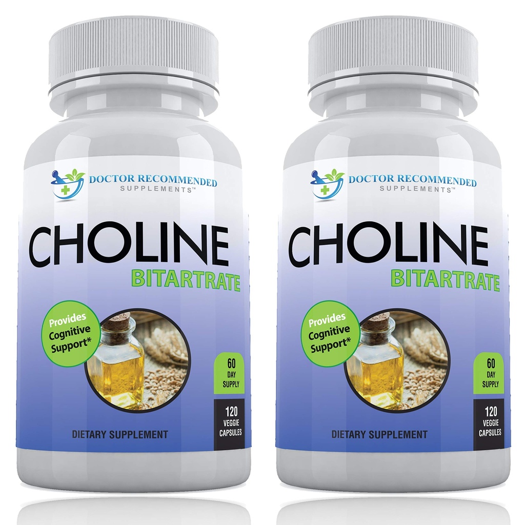 Choline Premium - 500 mg - 120 Capsules de Veggie - Soutient la santé cognitive, la mémoire et plus - 2 Pack