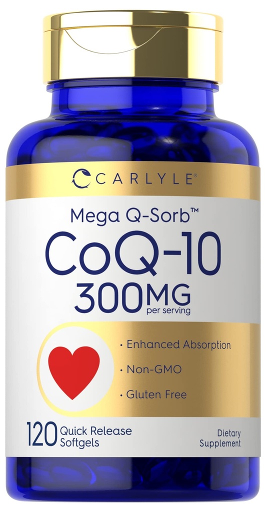 Carlyle CoQ10 300mg=120 Softgels=Méga Q-Sorbe Coenzyme Q-10= avec extrait de poivre noir=Non-OGM, supplément sans gluten