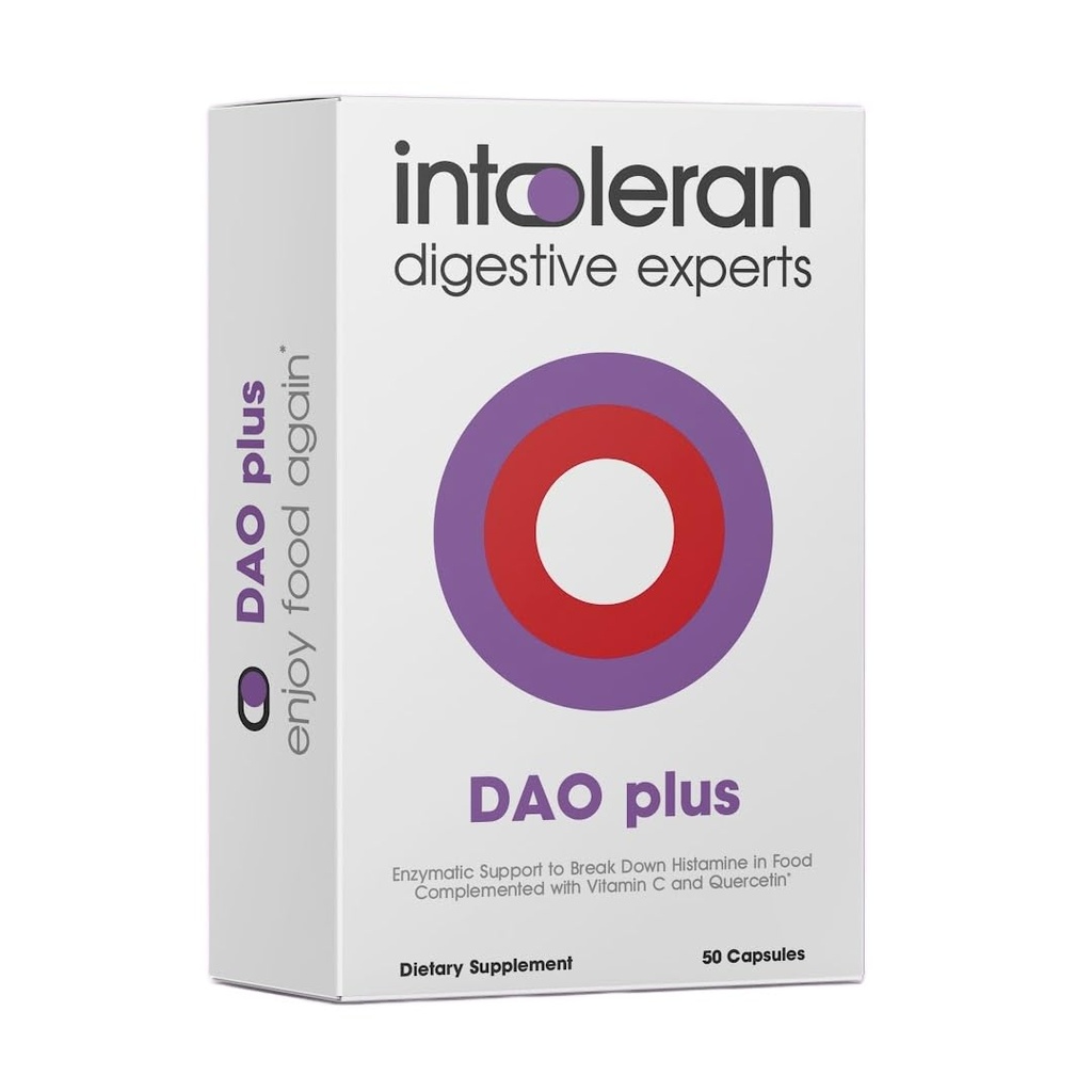 Intoleran DAO Plus Verdauungsenzyme - 50 Kapseln | Beilage für Histamin Intoleranz & DAO Mangel | Gesunde Histamin-Level | 30.000 HDU Diaminoxidase (DAO) Enzym | Vitamin C & Quercetin