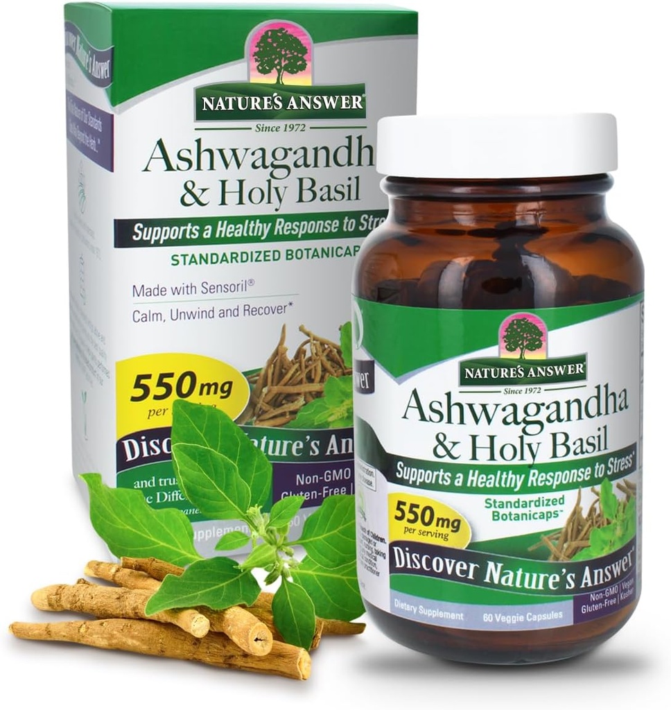 Nature's Answer Ashwagandha Root with Holy Basil 60 Capsules | Unterstützt eine gesunde Antwort auf Stress* | Calm. Relax and Unwind*. | Gluten Free | Non-GMO | Kosher | Vegan | Vegetarisch