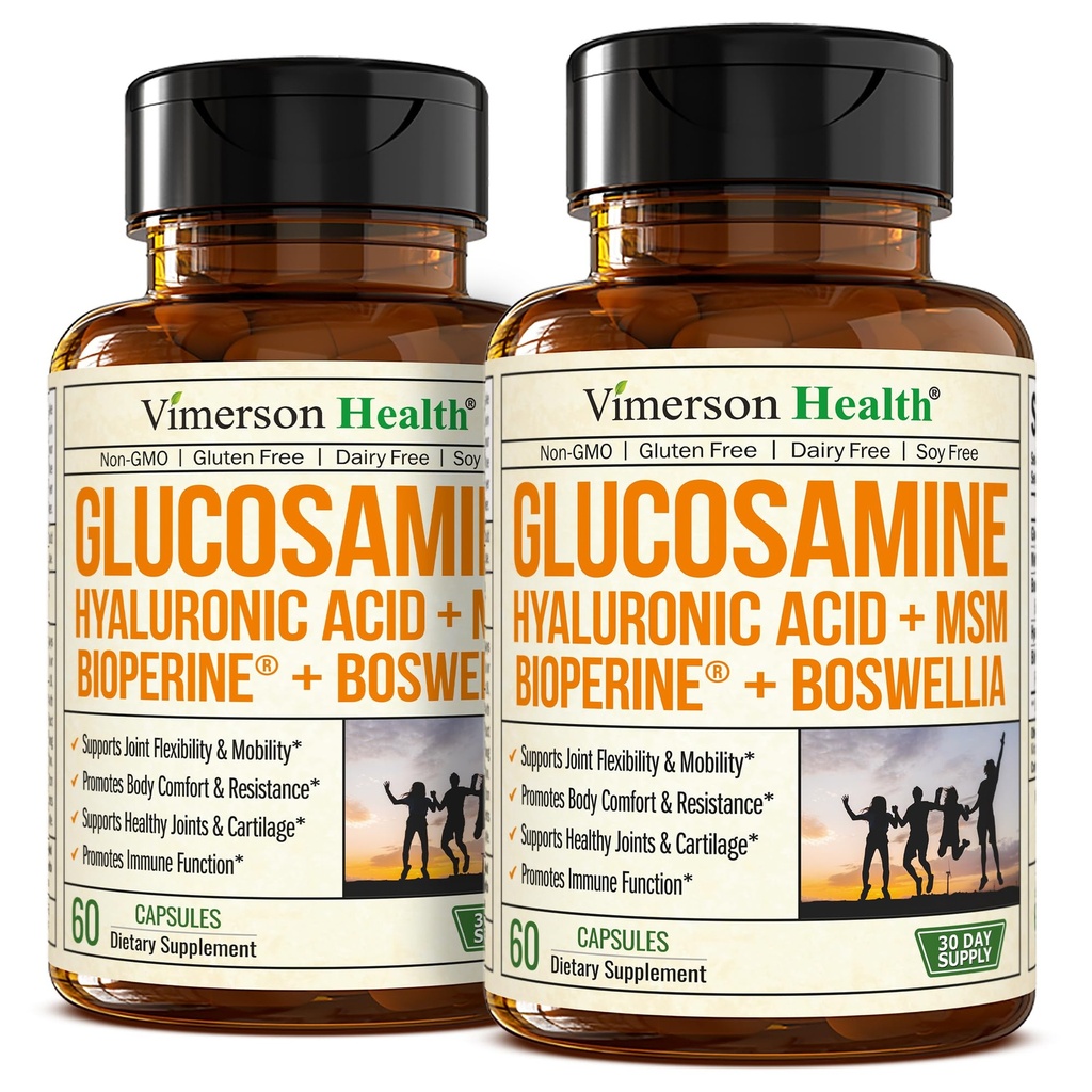 Sulfate de glucosamine avec acide hyaluronique, boswellie, poivre noir et supplément MSM – Suppléments articulaires 5-en-1 pour les hommes et les femmes – Santé conjointe, mobilité et force osseuse – ASF Admissible 2 Pack