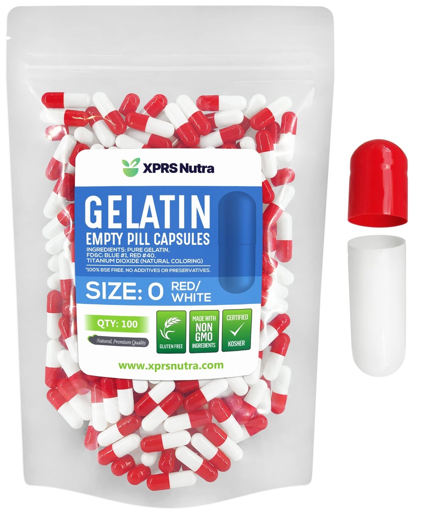 XPRS Nutra Größe 0 Leere Kapseln - 100 Graf Leere Gelatine Kapseln - Pille DIY Kapsel Füllung - Pure Bovine Pill Gel Kapseln für Do-It-Yourself Ergänzungen (Red/White)
