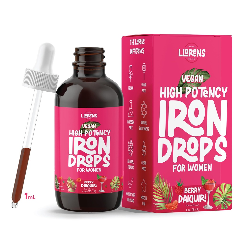 LLORENS PHARMACEUTICAL Eisen Ergänzung für Frauen Eisen Tropfen Tägliche Unterstützung, 20 mg Polysaccharid Complex Free Taste, Natürliche Süßungsmittel, Vegan und Paraben frei (Berry Daiquiri, 4 Fl Oz)