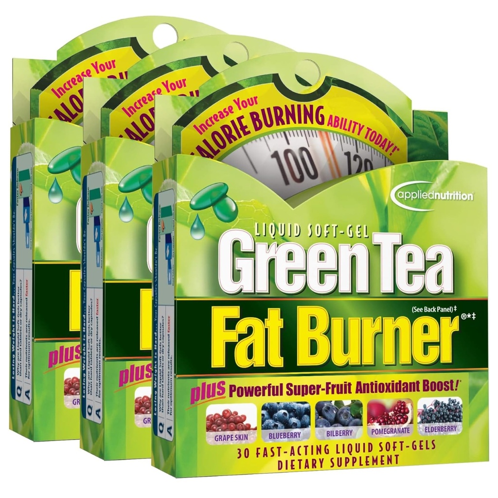Applied Nutrition Green Tea Fat Burner - 30 liquides Soft-Gels, pack de 3 - Augmente la combustion de calories et des fournitures puissants antioxydants - 45 Total des portions