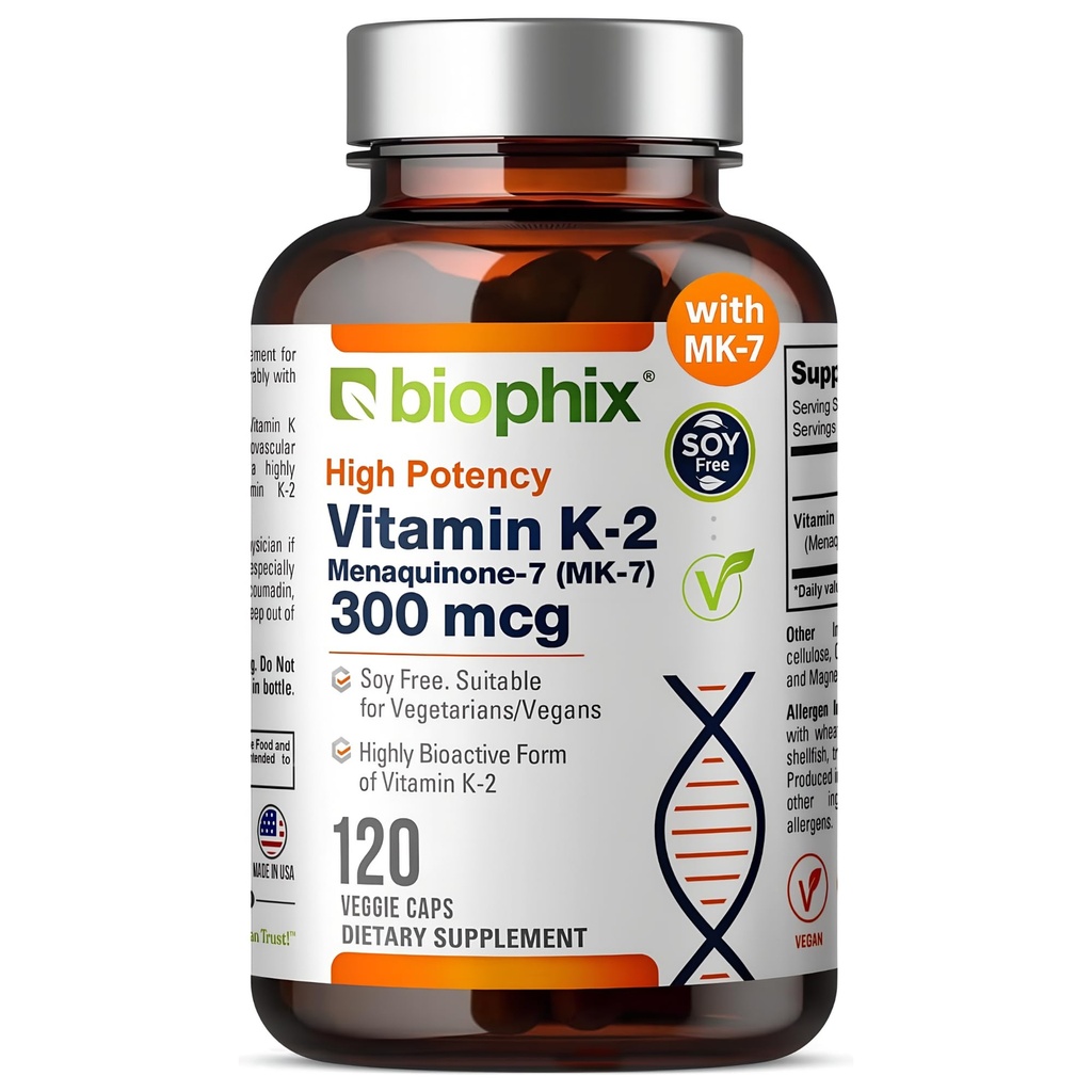 Biophix Vitamin K2 MK-7 300mcg, 120 Vegan-Kapseln – Hochleistungs-Ergänzung für Knochenstärke und Immungesundheit