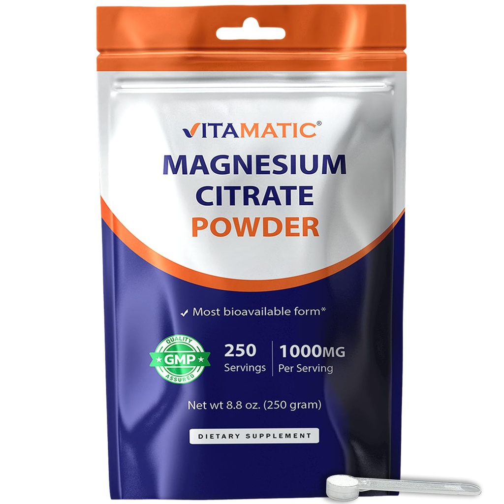 Vitamatic Magnesium Citrate 1000mg pro Servieren unterstützt Muskel-, Gelenk- und Herzgesundheit 250 Gramm - 250 Servierungen