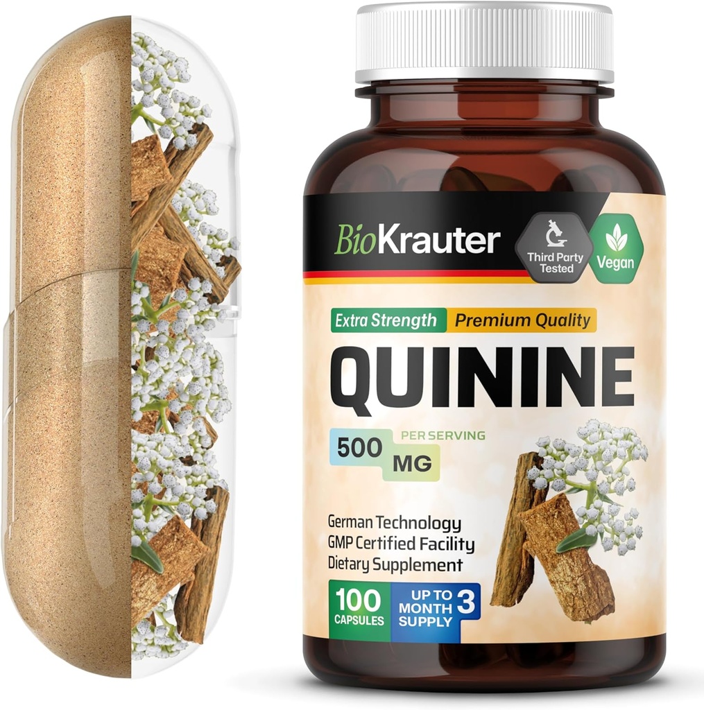 BIO KRAUTER Quinine für Leg Cramps Kapseln 500 mg - 100 Count - Cinchona Bark Pulver - Quinine Kapseln - Vegan, keine Füllstoffe