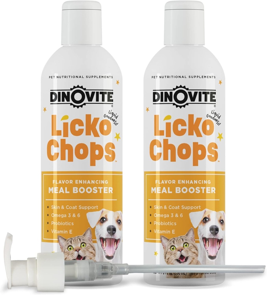 Lickochops dinovite pour le supplément chien et chat amélioré avec Omega-6, 3 acides gras, probiotiques et vitamine E, 16 oz avec pompe