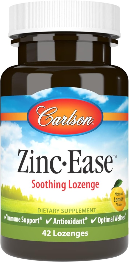 Carlson - Zink-Ease, beruhigende Lozenge, Immununterstützung & Optimale Wellness, Antioxidans, Lemon, 42 Lozenges