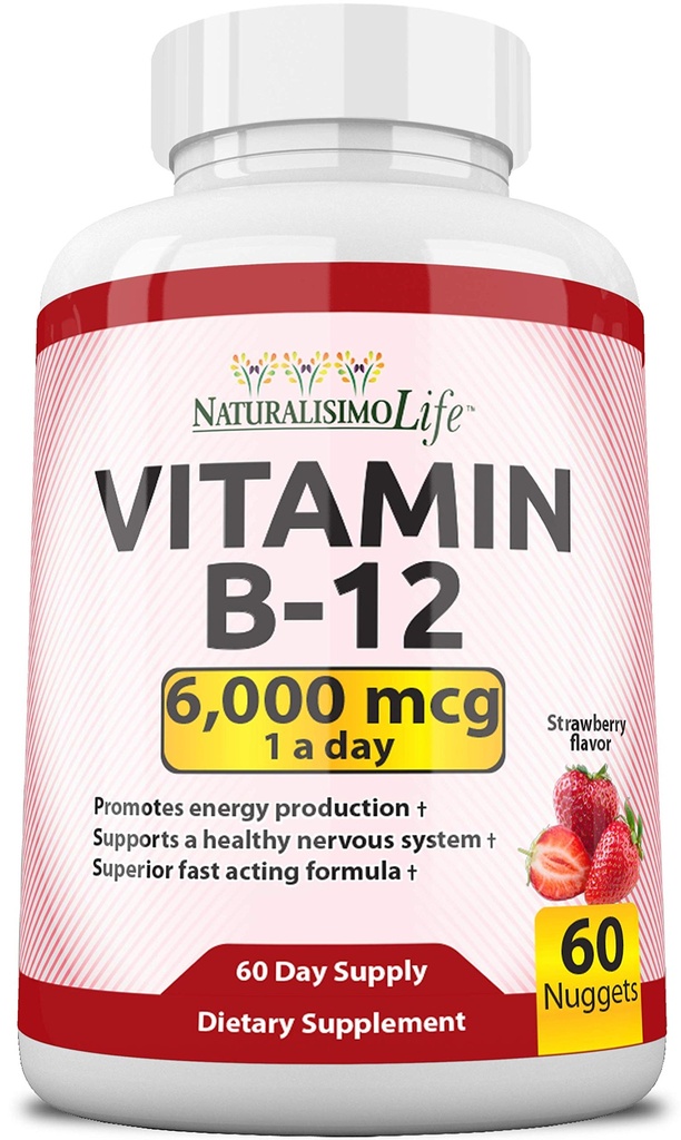 NaturalisimoLife Vitamine B12 6 000 mcg – Nuggets à saveur de fraise à dissolution rapide – 60 Nuggets, non OGM, végétalien, sans gluten
