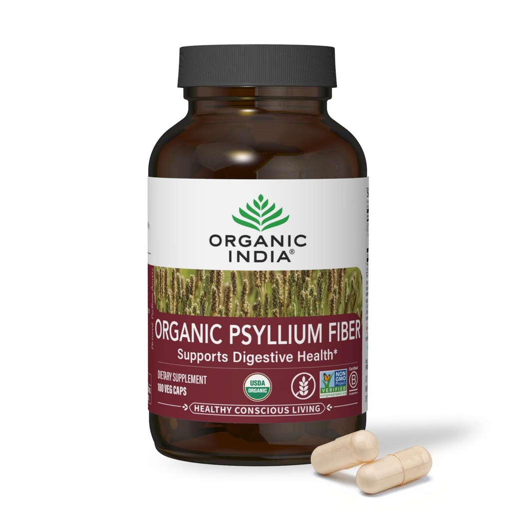 ORGANIQUE INDIA Psyllium Husk Capsules - Supplément de fibre, Elimination saine - Vegan, Keto Friendly, sans gluten, USDA certifié biologique, non OGM, soluble et insoluble Source de fibre - 180 Compte