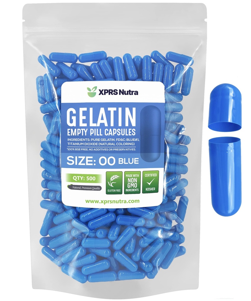 XPRS Nutra Größe 00 Leere Kapseln - 500 Graf Leere Gelatine Kapseln - Pillen DIY Kapsel Füllung - Füllbare Pille Gel Kapseln für Do-It-Yourself Ergänzungen (blau)
