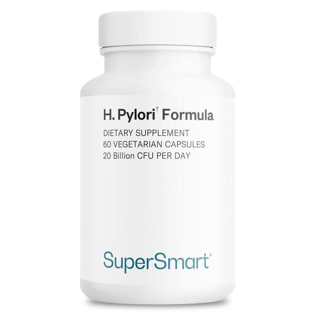 Supersmart H. Pylori Formula 20 Million CFU par jour (haute puissance) - Probiotique breveté Pylopass Lactobacillus Reuteri Supplément DSM 17648 Sans OGM et sans gluten - 60 capsules végétariennes