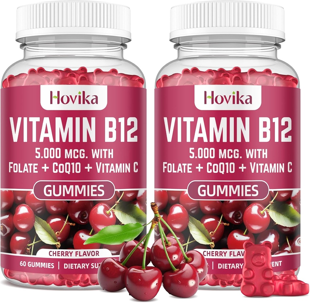 Vitamin B12 Complex 5000 mcg Methyl B12, Adenosyl B12 & Hydroxy B12, mit Coenzym Q10, Folat, Vitamin C, Kaubare B 12 für Energieunterstützung, Stoffwechsel, Knochengesundheit - Kirsche Geschmack, 2 Packung