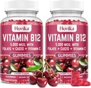 Vitamin B12 Complex 5000 mcg Methyl B12, Adenosyl B12 & Hydroxy B12, mit Coenzym Q10, Folat, Vitamin C, Kaubare B 12 für Energieunterstützung, Stoffwechsel, Knochengesundheit - Kirsche Geschmack, 2 Packung