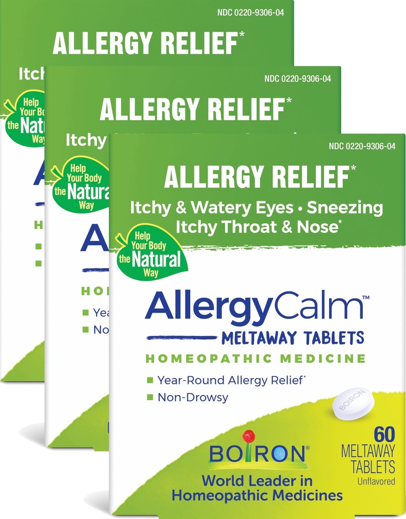 Boiron AllergyCalm Tablets 180 Count, Relief von Allergien und Hay Fever Symptome von Niesen, Runny Nose, und Itchy Eyes oder Throat, Allergy Calm Tabs (früher RhinAllergy) (Pack mit 3 60ct Boxes)