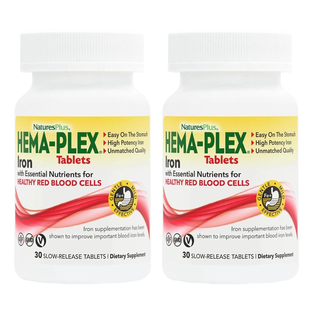 NaturesPlus Hema-Plex Iron - 30 Slow-Release Tabletten, Packung mit 2 - Total Blood Health - 85 mg Chelat Iron - mit Vitamin C & Bioflavonoids - Non GMO, Vegetarisch & Glutenfrei - 60 Gesamt Servierungen