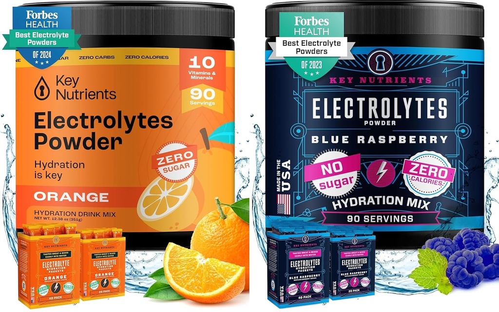KEY NUTRIENTS Multivitamin Elektrolyte Pulver Bundle - Tangy Orange & Sweet Blue Raspberry - No Sugar, No Calories - Hydration, Endurance und Energie Supplement - 90 Portionen Jeder - Made in USA