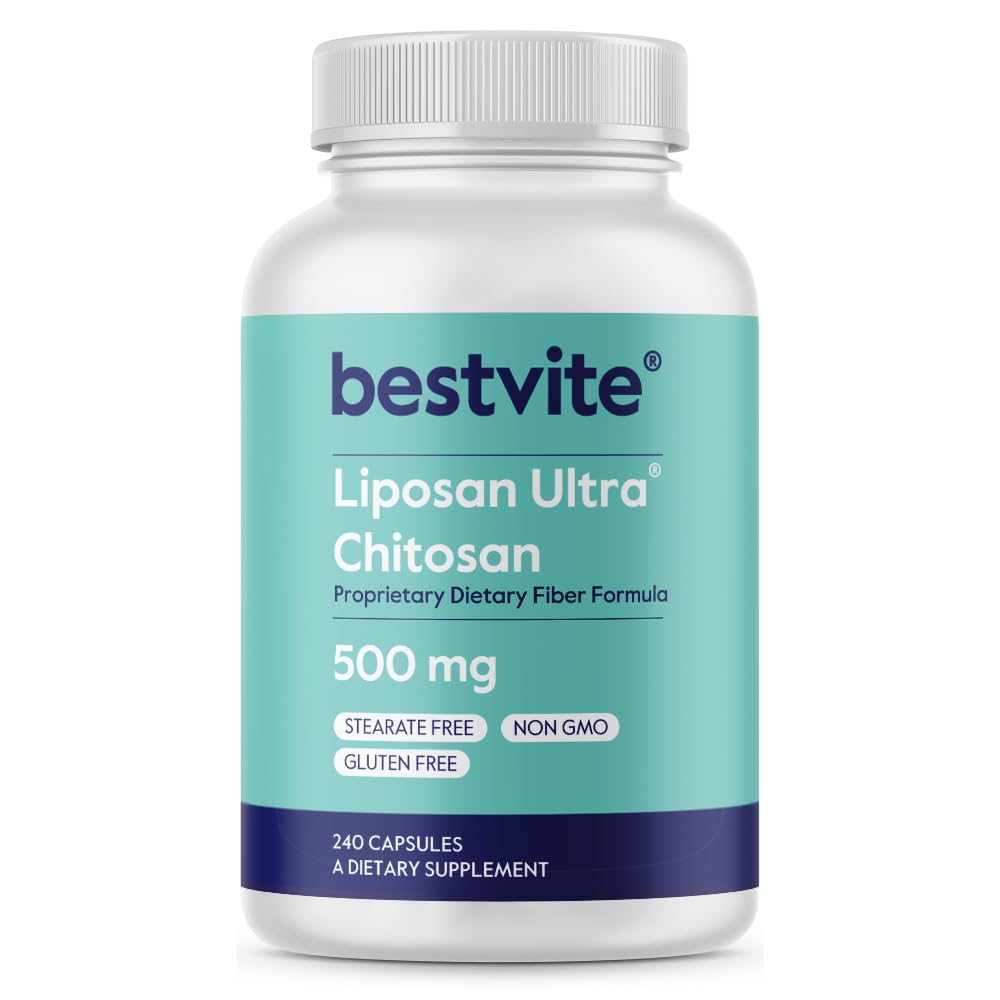 BESTVITE Liposan Ultra Chitosan 500mg (240 Kapseln) - Patentiertes schnelleres Aktivieren als reguläre Chitosan - No Stearates - keine Füllstoffe