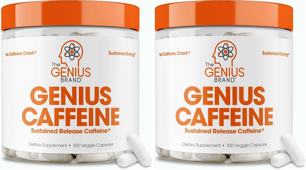 Genius Koffein Pillen 100mg, Extended-Release Microencapsulated Koffein Pillen - All-Natural Non-Crash Sustained Energy, Focus & Concentration Supplement - Nootropic Brain Booster - 100 Kapseln