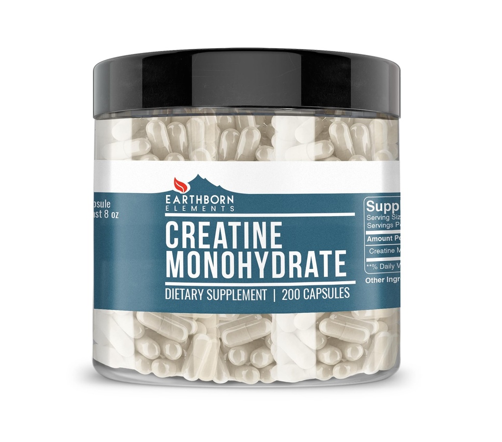 Earthborn Elements Creatine Monohydrate 200 Kapseln, Rein und unverdünnt, keine Zusatzstoffe