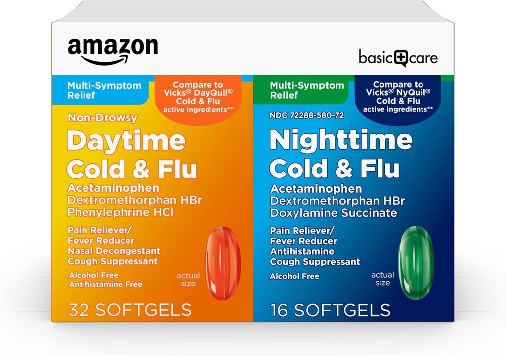 Basic Care Kalt und Flu Relief, Daytime und Nighttime Combo Pack Softgels, Leistungsstarke Kalte Medizin für Tag und Nacht Multi-Symptom Relief, 48 Count(Pack von 1)