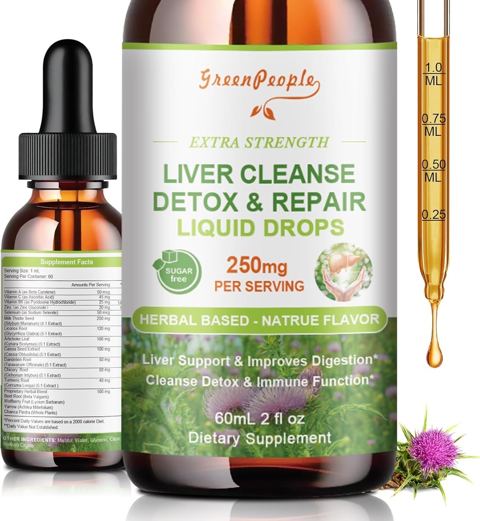 GREENPEOPLE Liver Cleanse Detox & Repair Drops - Supplément du foie avec le chardon Silymarin, Artichaut & Dandelion pour le foie Detox & Support- 16 x Potent Herb-Nutrients - 2Fl Oz saveur naturelle