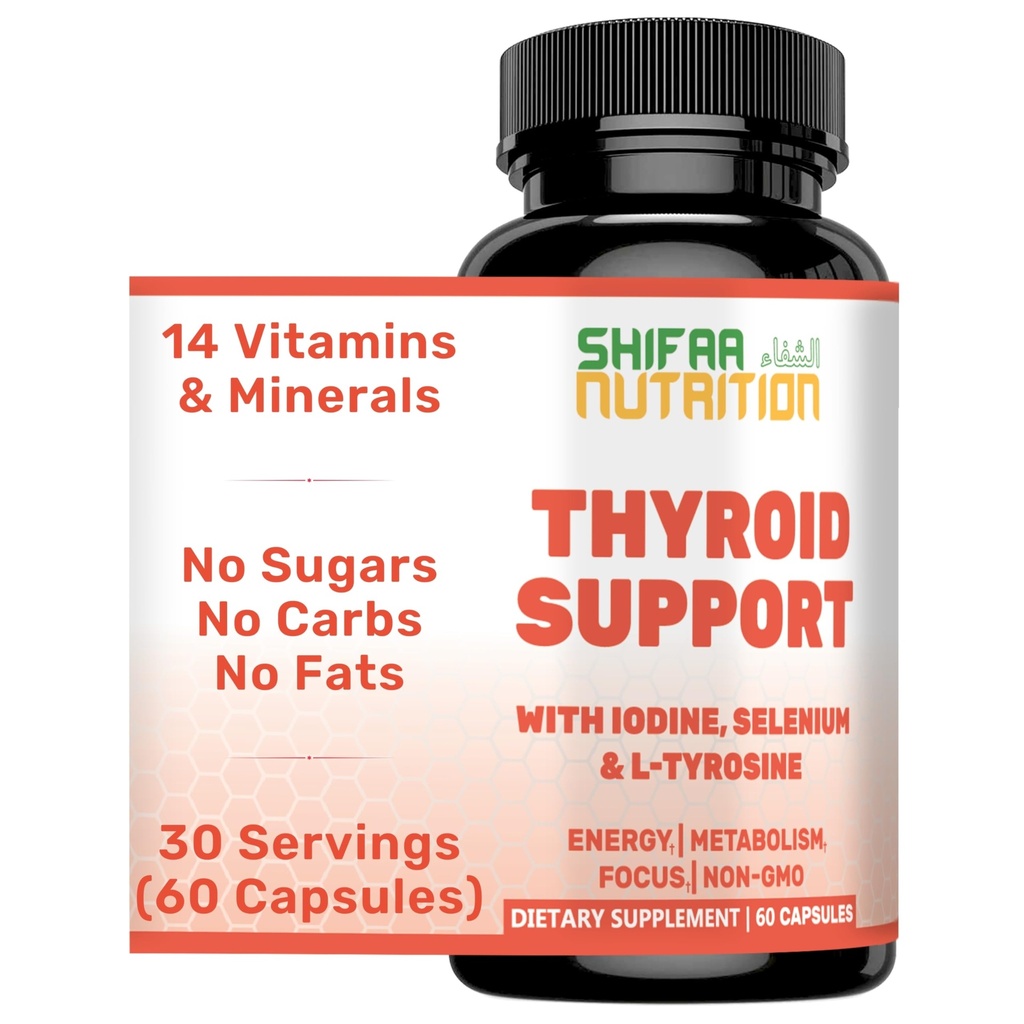 SHIFAA NUTRITION Support de thyroïde halal 30 portions Supplément de soulagement non-OGM avec B12, Iodine, Sélénium, L-Tyrosine