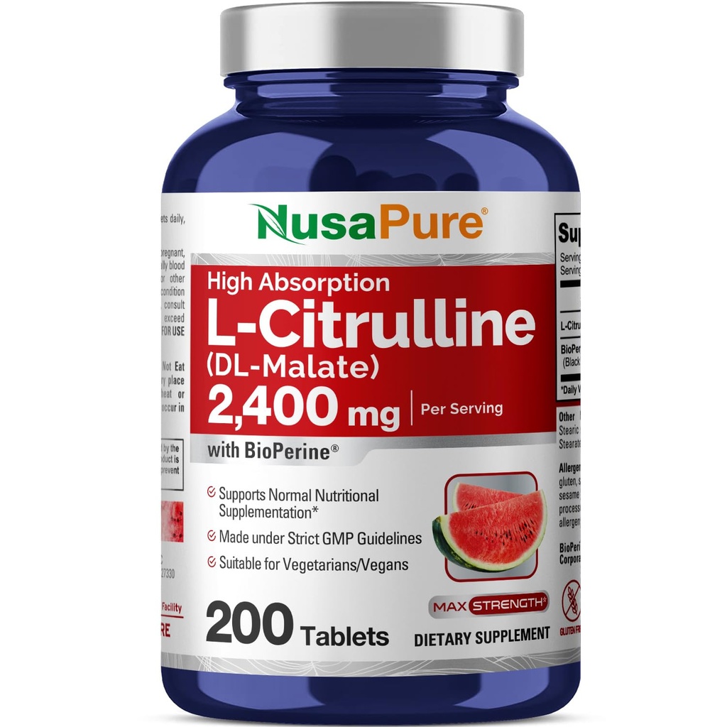 NusaPure L-Citrulline 2.400mg 200 Vegetarische Tabletten (Non-GMO, Glutenfrei, 100-Tage-Versorgung, Bioperine)