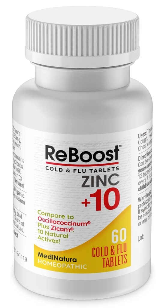 MediNatura ReBoost Zinc +10 MAX Kalt & Flu Symptom Relief Fast-Acting, Non-Drowsy Natürliche beruhigende Homöopathie hilft Ganze Körperstörung, Husten, Fatigue, Congestion - Lemon - 60 Tabletten