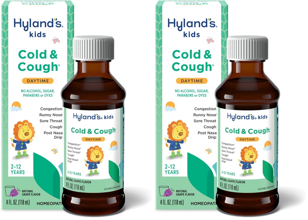Hyland's Naturals Kids Cold & Cough, Daytime Grape Flavor Cough Syrup Medizin für Kinder Alter 2+, Decongestant, Sore Throat & Allergy Relief, Natürliche Behandlung für gemeinsame kalte Symptome, 4 Fl Oz