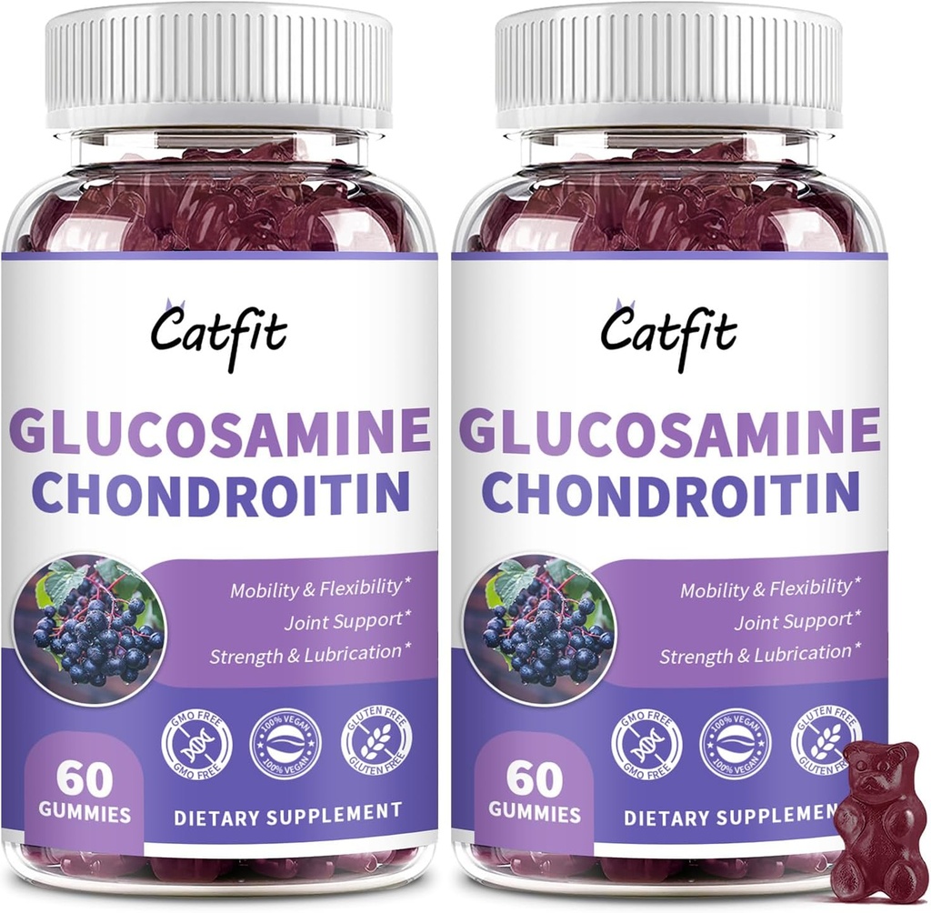 Catfit Glucosamine Chondroitin Gummis,Extra Strength Joint Health Support Supplement mit MSM & Elderberry, Antioxidant Immun Support Supplement für Erwachsene Männer und Frauen (2 Pack)