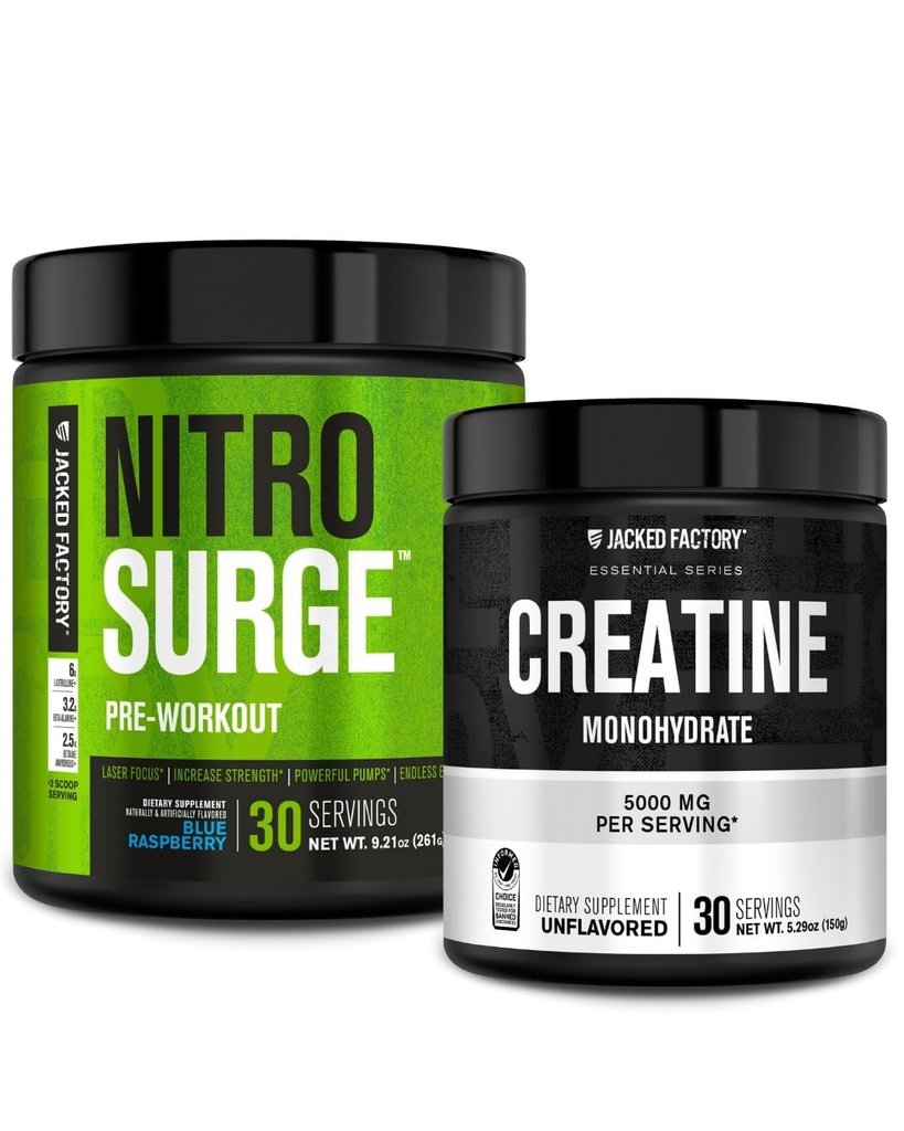 Jacked Factory NITROSURGE Pre Workout Supplement (Blauer Himbeer) Kreatin Monohydratpulver 150g für Muskelwachstum, erhöhte Stärke, Enhanced Energy