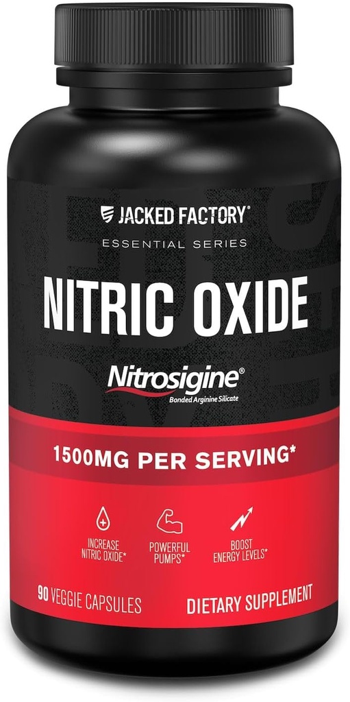 Jacked Factory Essentials Nitric Oxide Booster - Patented Bonded L-Arginin Silicate 1500mg Pre Workout Ergänzung für Muskelwachstum, Pumpen, Vascularity und Energie - 90 Veggie Pillen