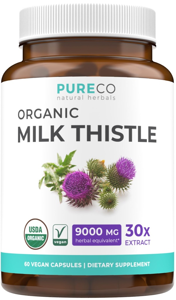 USDA Capsules de chardon de lait biologique - 80% Silymarin Supplément pour le soutien du foie- Super concentré 300mg de 30:1 extrait de chardon de lait équivalent à 9000mg - Détox de chardon de lait 60 jours