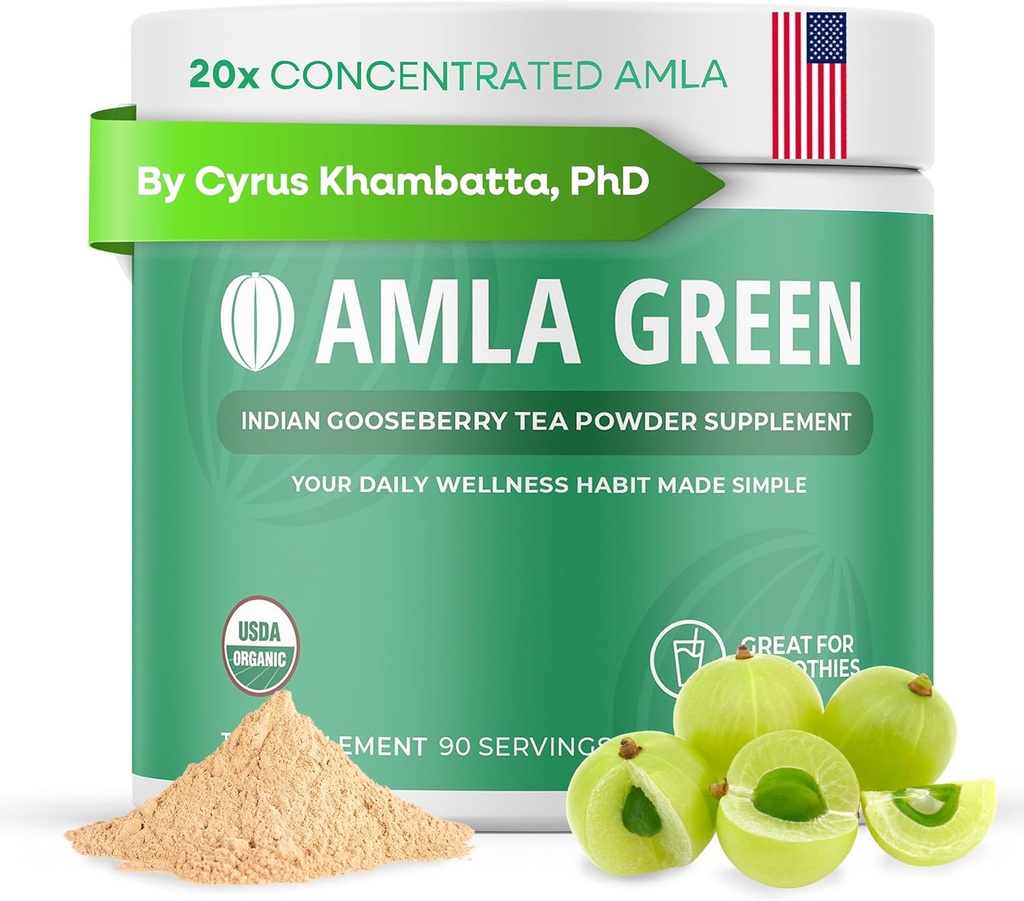 Amla Powder & Green Tea Superfood Supplement, 20x Ultra Concentrated Amla, Antioxidant-Unterstützung, Hergestellt mit Oolong Tee und indischen Stachelbeeren, Bio, Vegan, Klassischer Geschmack, 90 Servierungen